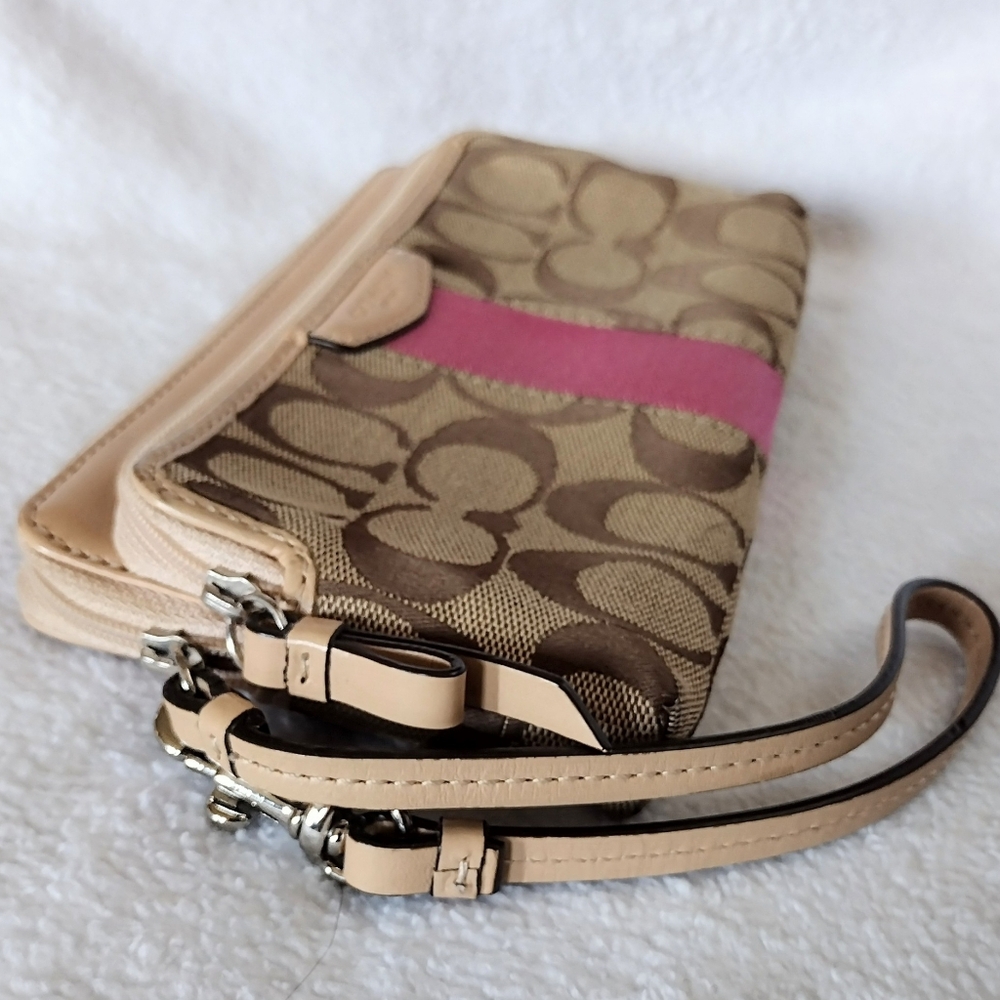 💗 Coach Y2K Khaki Pink Signature Stripe 12CM Double Zip Wristlet Wallet - Picture 5 of 10
